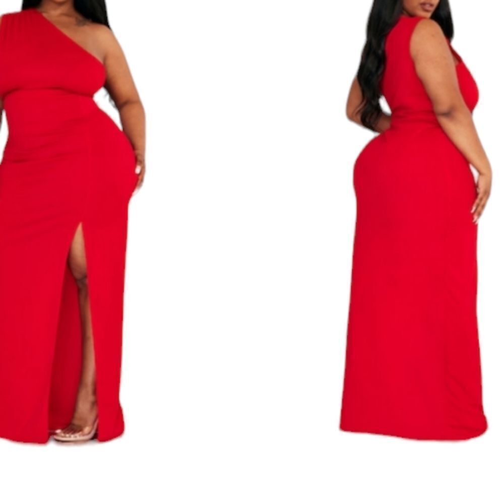 NWT Prettylittlething Plus  Lipstick Red One Shoulder Side Split Maxi Dr… - Picture 3 of 5